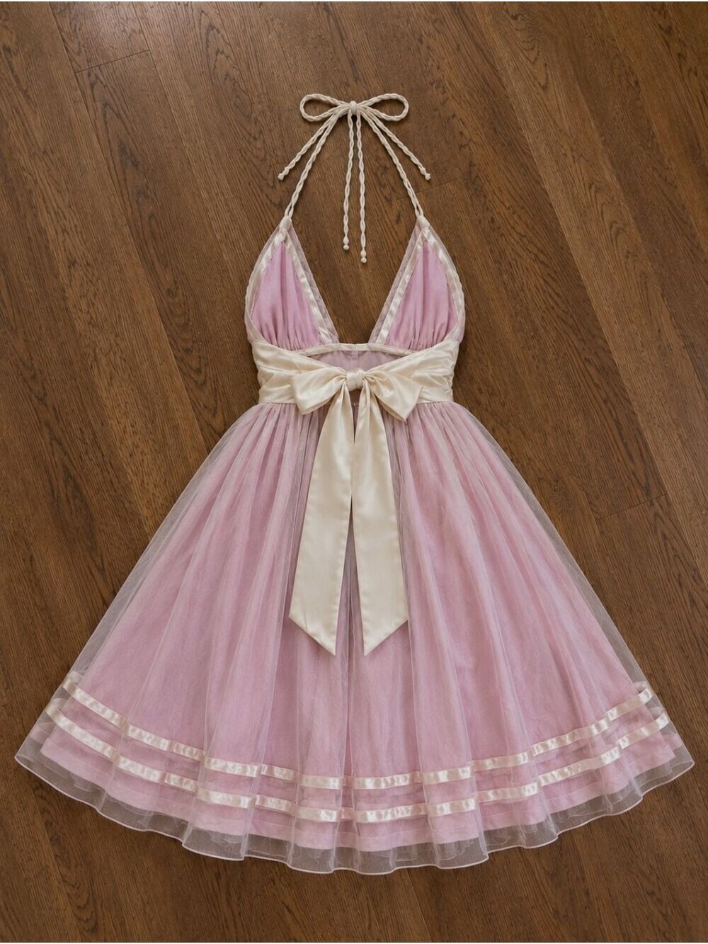 Deep Los Angeles Pink & Ivory Halter Tulle Dress | Open Back | Feminine Fairycor - Picture 3 of 4